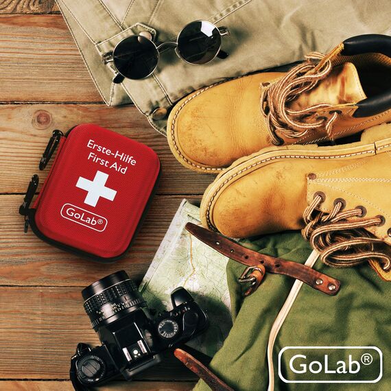 GoLab Erste Hilfe Set Outdoor für Wandern, Reisen und Fahrrad nach DIN 13167 - First Aid Kit mit Signalpfeife und Beatmungsmaske - Made in Germany - Notfall Ausrüstung - Reiseapotheke