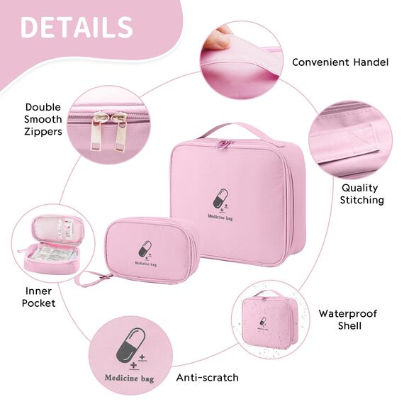 JUNUNDJING 2 Stück Medikamententasche, Große & Klein Medikamententasche Reise, Reiseapotheke Tasche Wasserdicht, Erste Hilfe Tasche leer, Erste Hilfe Set Outdoor (Rosa)