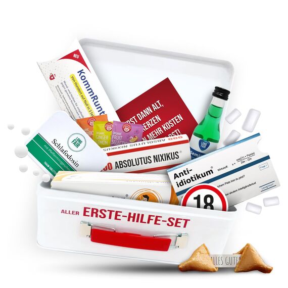 18. Geburtstag | Erste Hilfe Set Geschenk-Box, witziger Sanikasten | 8-teilig | Spaßgeschenk zum 18. Geburtstag