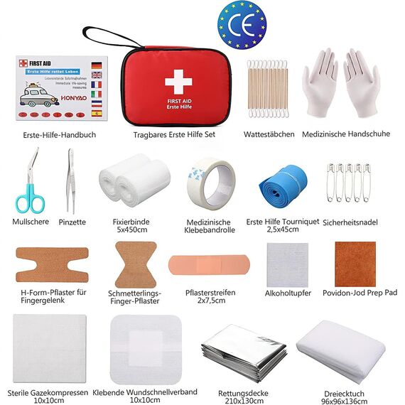 HONYAO® Erste Hilfe Set, Mini Reiseapotheke 90 Teilig, Notfalltasche Notfallset Klein für Outdoor Zuhause Auto Arbeitsplatz Camping Motorrad Fahrrad Wandern Notfall
