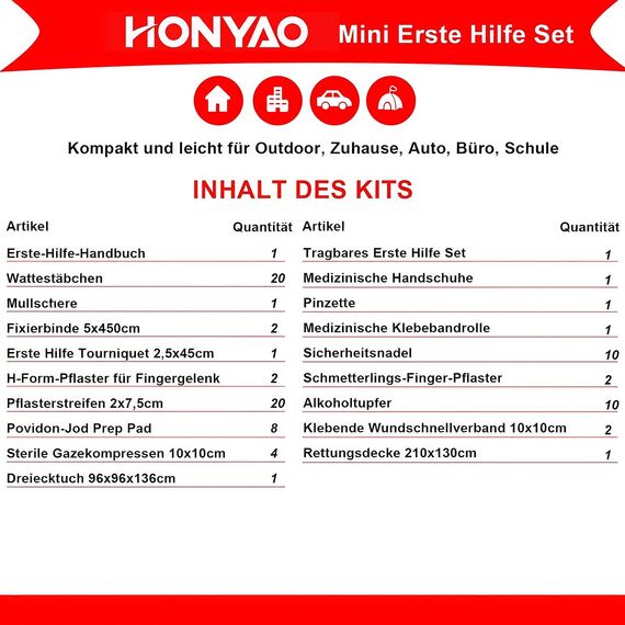 HONYAO® Erste Hilfe Set, Mini Reiseapotheke 90 Teilig, Notfalltasche Notfallset Klein für Outdoor Zuhause Auto Arbeitsplatz Camping Motorrad Fahrrad Wandern Notfall