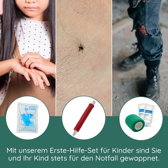 Erste Hilfe Set Kinder & 50 zusätzliche Kinderpflaster, Reiseapotheke Kinder gefüllt mit 47 Inhaltsteilen