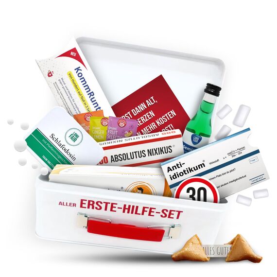 30. Geburtstag | Erste Hilfe Set Geschenk-Box, witziger Sanikasten | 8-teilig | Spaßgeschenk zum 30. Geburtstag