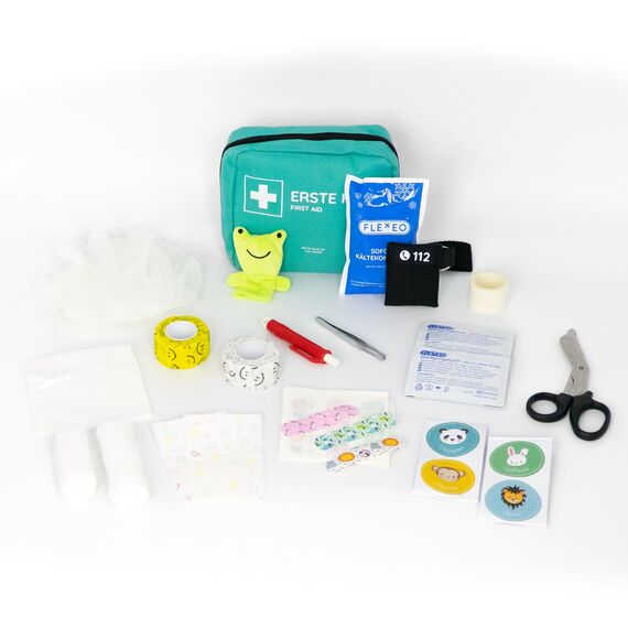 FLEXEO Erste Hilfe Set Kinder, Reiseapotheke Kinder gefüllt mit 47 Inhaltsteilen, Schere, Erste Hilfe Tasche Baby für unterwegs, Notfallset mit Fingerpuppe und Tapferkeitsstickern, Notfalltasche