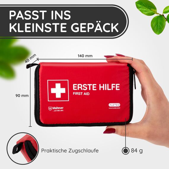 FLEXEO Erste Hilfe Set "Essential" | kompakte, leichte Tasche für Outdoor, Fahrrad, Wandern und Reisen | kleine Verbandtasche für Unterwegs und Kinder | Mini-Verbandkasten, Reiseapotheke