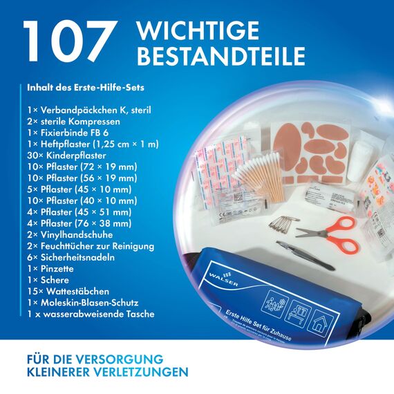 WALSER Premium Mini Erste-Hilfe-Set für Zuhause, wasserfeste Verbandstasche 2026, handliches Notfall-Set mit 107 Teilen, kompaktes First Aid Kit, Reiseapotheke Set, Mini Verbandskasten blau