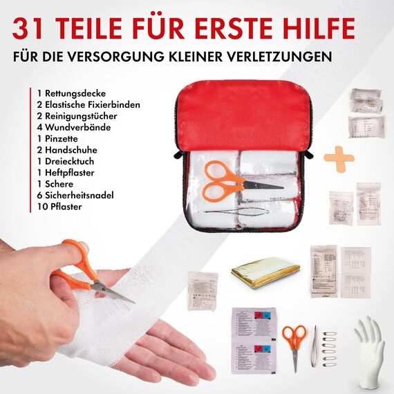 WALSER Premium Mini Erste Hilfe Set 2026, wasserfestes Notfall-Set Outdoor/Camping/Fahrrad, 31-teiliges Reiseapotheke Set, kompaktes Erste Hilfe Set Outdoor, Mini Verbandskasten 2026, First Aid Kit