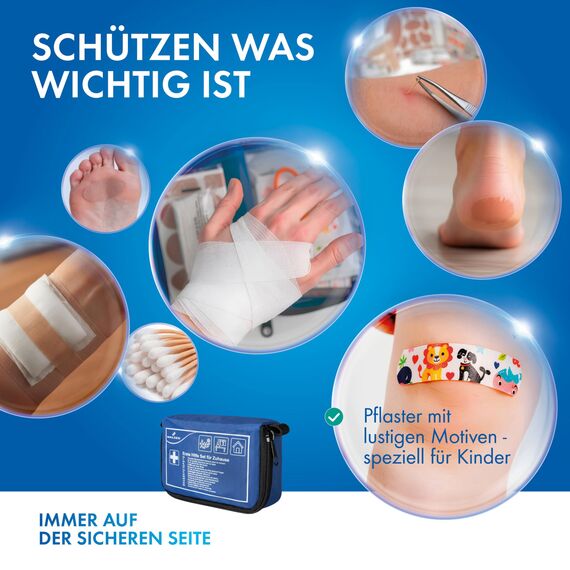 WALSER Premium Mini Erste-Hilfe-Set für Zuhause, wasserfeste Verbandstasche 2026, handliches Notfall-Set mit 107 Teilen, kompaktes First Aid Kit, Reiseapotheke Set, Mini Verbandskasten blau