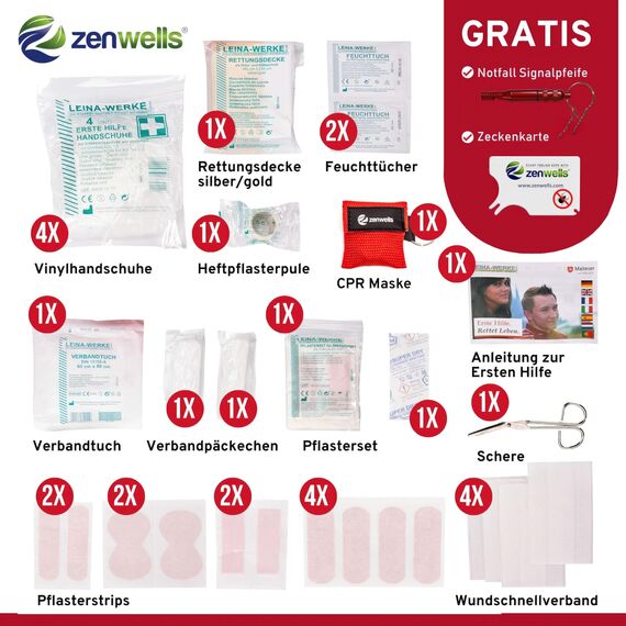 Zenwells® Erste-Hilfe-Set nach DIN 13167 – mit CPR Maske & Rettungsdecke – wasserdicht & kompakt – ideal für Outdoor, Reise & Alltag