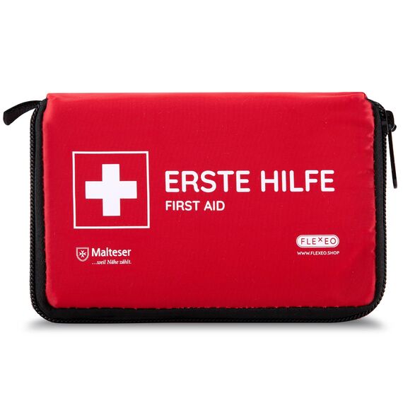 FLEXEO Erste Hilfe Set "Essential" | kompakte, leichte Tasche für Outdoor, Fahrrad, Wandern und Reisen | kleine Verbandtasche für Unterwegs und Kinder | Mini-Verbandkasten, Reiseapotheke