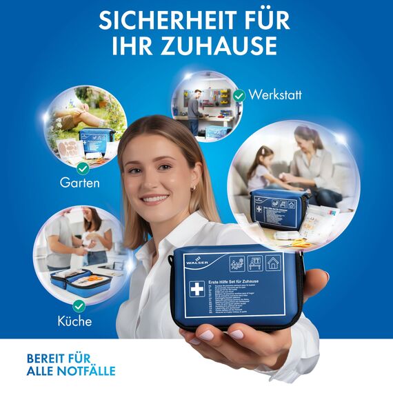 WALSER Premium Mini Erste-Hilfe-Set für Zuhause, wasserfeste Verbandstasche 2026, handliches Notfall-Set mit 107 Teilen, kompaktes First Aid Kit, Reiseapotheke Set, Mini Verbandskasten blau