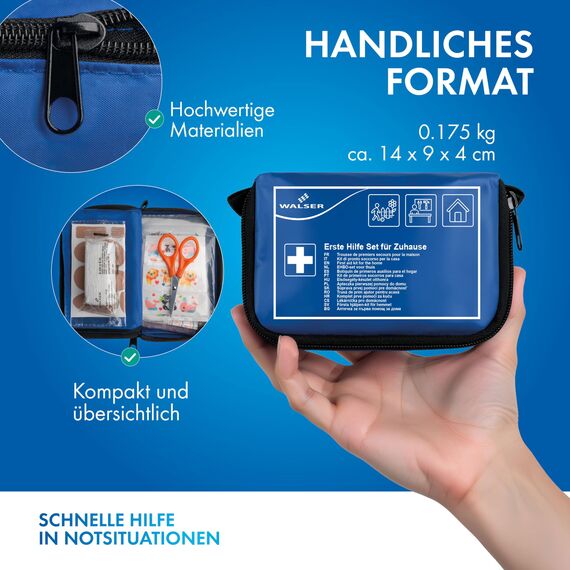 WALSER Premium Mini Erste-Hilfe-Set für Zuhause, wasserfeste Verbandstasche 2026, handliches Notfall-Set mit 107 Teilen, kompaktes First Aid Kit, Reiseapotheke Set, Mini Verbandskasten blau