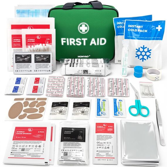HONYAO Erste Hilfe Set 180 Teile, Erste Hilfe Kasten für Zuhause Kinder Outdoor Reise Camping Wandern Arbeitsplatz, Sport First Aid Kit, Grün