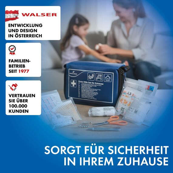 WALSER Premium Mini Erste-Hilfe-Set für Zuhause, wasserfeste Verbandstasche 2026, handliches Notfall-Set mit 107 Teilen, kompaktes First Aid Kit, Reiseapotheke Set, Mini Verbandskasten blau