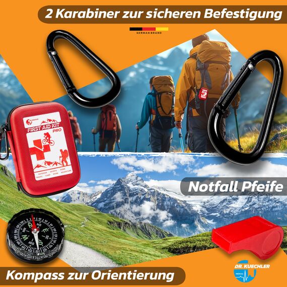 Dr. Küchler Medical PRO Erste-Hilfe-Set Outdoor - 35-teiliges First Aid Kit für Wandern, Fahrrad & Camping - wasserdicht, DIN-konform mit Kompass, Notpfeife & Kompass Color First AID KITS:rot'