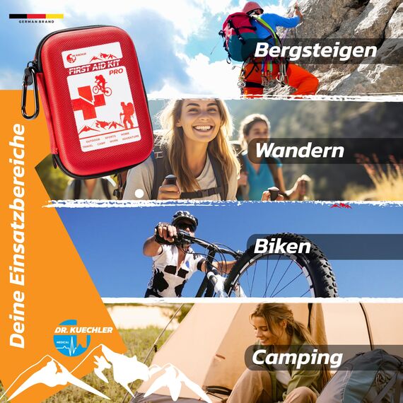 Dr. Küchler Medical PRO Erste-Hilfe-Set Outdoor - 35-teiliges First Aid Kit für Wandern, Fahrrad & Camping - wasserdicht, DIN-konform mit Kompass, Notpfeife & Kompass Color First AID KITS:rot'