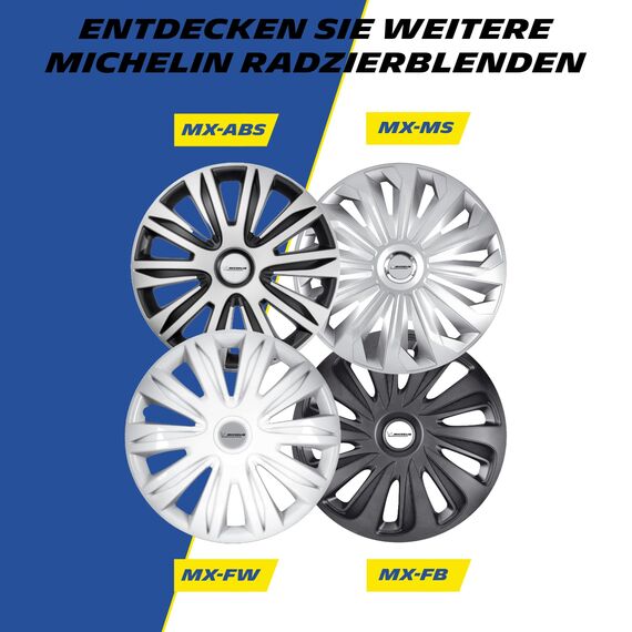 Michelin Radkappen MX-MS 14 Zoll Universal Radzierblenden 4er Set Fürs Auto ABS Kunststoff | Silber mit Chromring