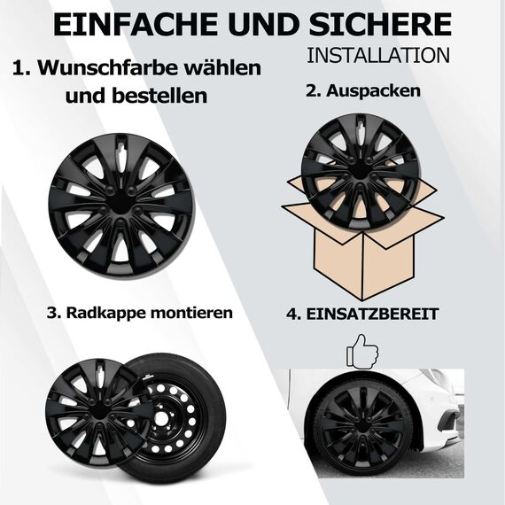 Radkappen 16 Zoll - schwarz Radzierblenden 4er-Set von 13-16 Zoll - Stormer Radblenden für die meisten Automarken und Stahlfelgen - Zierkappen in Schwarz oder Silber - Felgenabdeckung