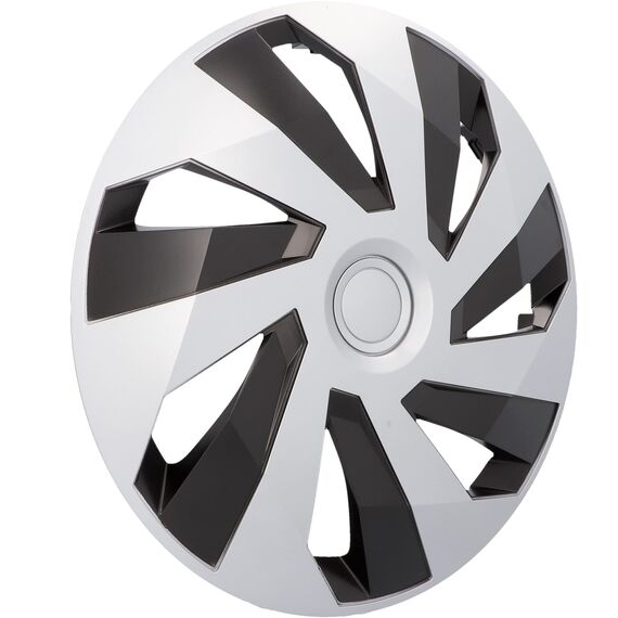 cartrend Radkappen Flow, 14 Zoll, für alle gängigen Stahlfelgen, aus Spezial-ABS-Qualitätskunststoff, schlagfest, zweischichtige Metallic-Lackierung, überlackierbar, schwarz-silber, 4 Stück