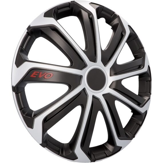 cartrend Radkappen Evo, 15 Zoll, für alle gängigen Stahlfelgen, aus Spezial-ABS-Qualitätskunststoff, schlagfest, zweischichtige Metallic-Lackierung, überlackierbar, schwarz-silber, 4 Stück