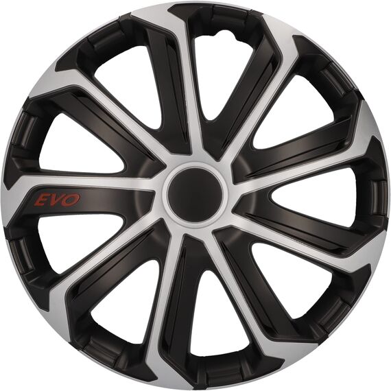cartrend Radkappen Evo, 15 Zoll, für alle gängigen Stahlfelgen, aus Spezial-ABS-Qualitätskunststoff, schlagfest, zweischichtige Metallic-Lackierung, überlackierbar, schwarz-silber, 4 Stück
