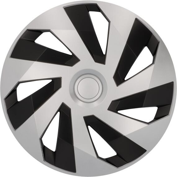 cartrend Radkappen Flow, 15 Zoll, für alle gängigen Stahlfelgen, aus Spezial-ABS-Qualitätskunststoff, schlagfest, zweischichtige Metallic-Lackierung, überlackierbar, schwarz-Silber, 4 Stück