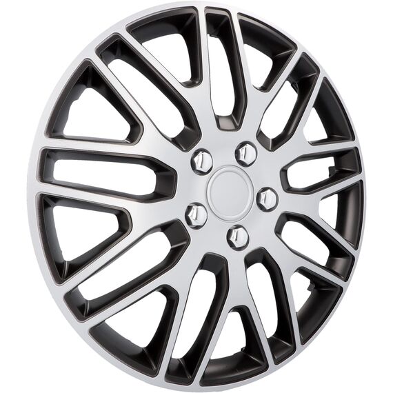 cartrend Radkappen Branch, 16 Zoll, für alle gängigen Stahlfelgen, aus Spezial-ABS-Qualitätskunststoff, schlagfest, zweischichtige Metallic-Lackierung, überlackierbar, schwarz-silber, 4 Stück