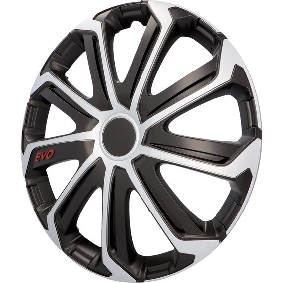 cartrend Radkappen Evo, 15 Zoll, für alle gängigen Stahlfelgen, aus Spezial-ABS-Qualitätskunststoff, schlagfest, zweischichtige Metallic-Lackierung, überlackierbar, schwarz-silber, 4 Stück