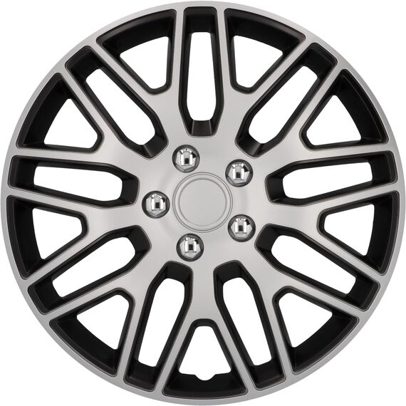 cartrend Radkappen Branch, 15 Zoll, für alle gängigen Stahlfelgen, aus Spezial-ABS-Qualitätskunststoff, schlagfest, zweischichtige Metallic-Lackierung, überlackierbar, schwarz-silber, 4 Stück