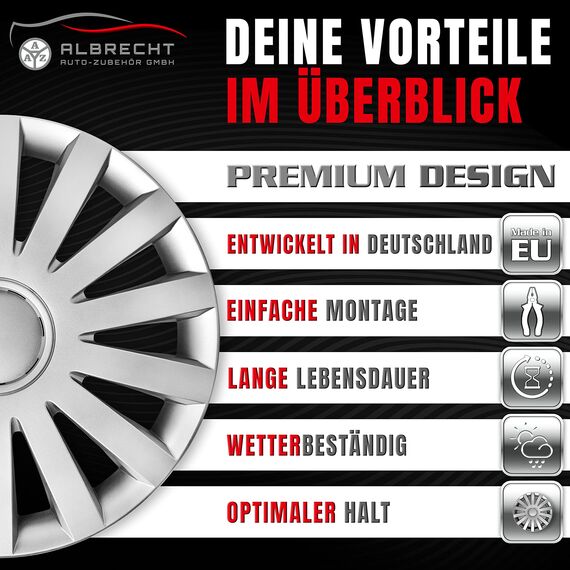 Albrecht 17 Zoll Radkappen Silber für Stahlfelgen - Wind Radzierblenden aus hochwertigem Kunststoff - Langlebige Radblenden in originaler Albrecht Verpackung - Made in EU
