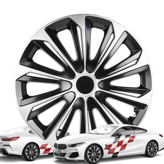 Walser Premium Radkappen New Racer, 4er Set Radkappen Auszeichnung Sehr Gut*, Radzierblenden 14 Zoll, Radblenden für Alufelgen Stahlfelgen, Auto Radzierblende schwarz Silber - Made in Europe