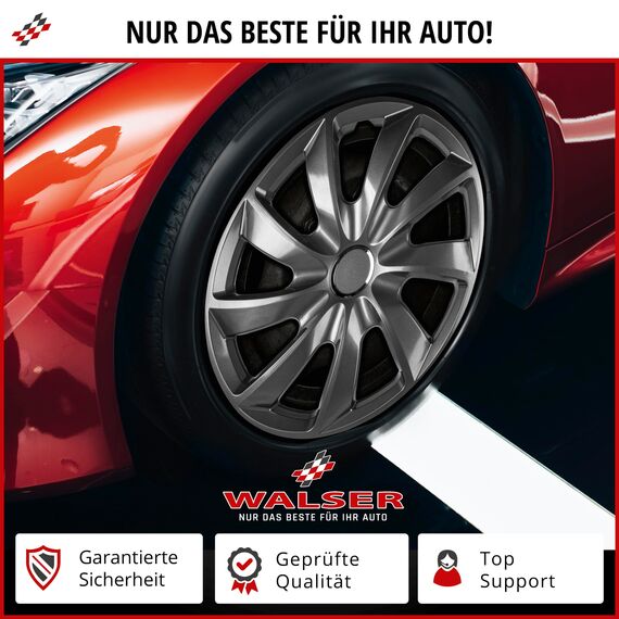 WALSER Premium Radkappen Aero Bicolor, 4er Set Radkappen Auszeichnung Sehr Gut*, Radzierblenden 15 Zoll, Radblenden für Alufelgen Stahlfelgen, Auto Radzierblende schwarz Silber - Made in Europe