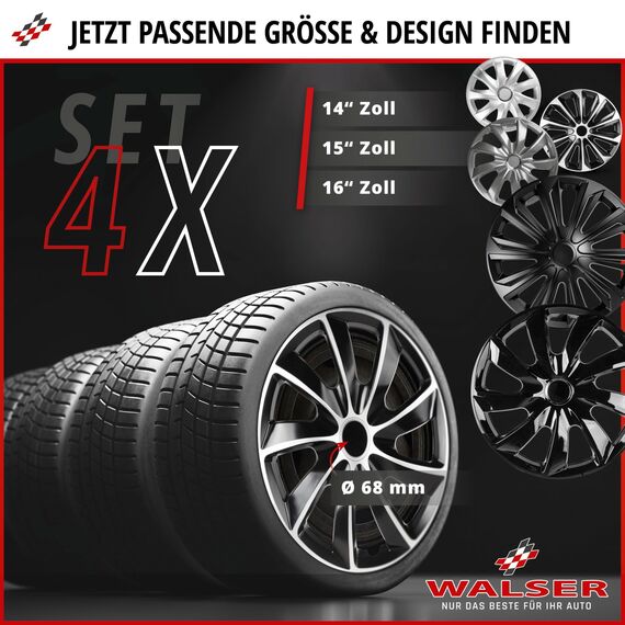 WALSER Premium Radkappen Shadow, 4er Set Radkappen Auszeichnung Sehr Gut*, Radzierblenden 14 Zoll, Radblenden für Alufelgen Stahlfelgen, Auto Radzierblende schwarz - Made in Europe