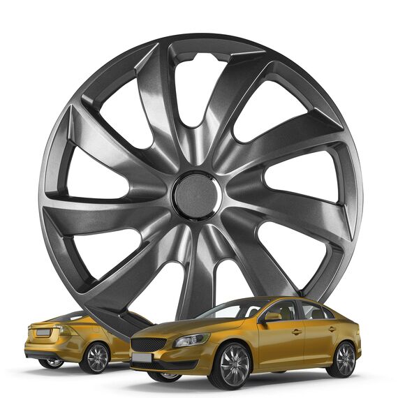 WALSER Premium Radkappen Turbine Graphite, 4er Set Radkappen Auszeichnung Sehr Gut*, Radzierblenden 14 Zoll, Radblenden für Alufelgen Stahlfelgen, Auto Radzierblende Graphit - Made in Europe