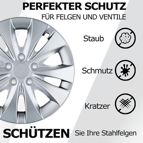 Radkappen 16 Zoll - Silber Radzierblenden 4er-Set von 13-16 Zoll - Stormer Radblenden für die meisten Automarken und Stahlfelgen - Zierkappen in Schwarz oder Silber - Felgenabdeckung für Autofelgen
