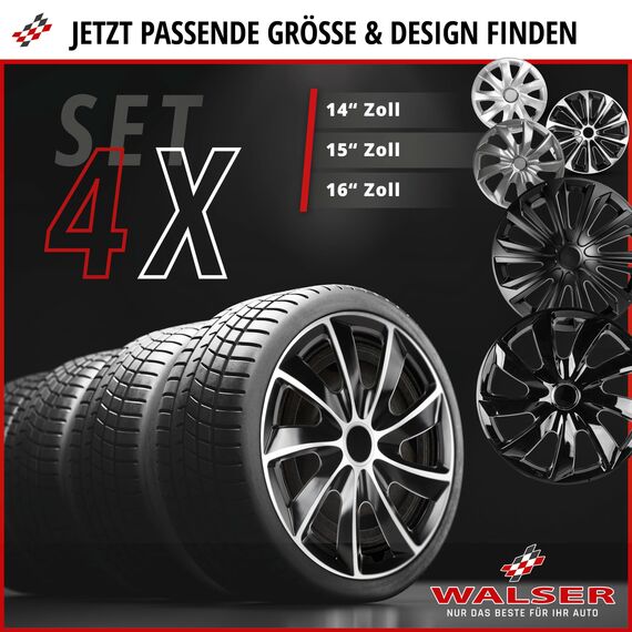 Walser Premium Radkappen New Racer, 4er Set Radkappen Auszeichnung Sehr Gut*, Radzierblenden 14 Zoll, Radblenden für Alufelgen Stahlfelgen, Auto Radzierblende schwarz Silber - Made in Europe