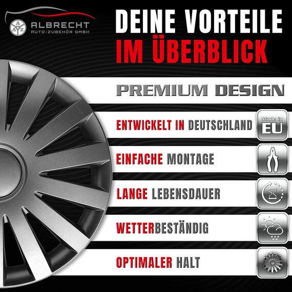 Albrecht 15 Zoll Radkappen grau für Stahlfelgen - Wind Radzierblenden aus hochwertigem Kunststoff - Langlebige Radblenden in originaler Albrecht Verpackung - Made in EU