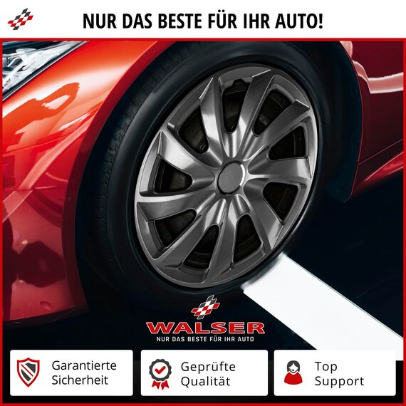 WALSER Premium Radkappen Storm Bicolor, 4er Set Radkappen Auszeichnung Sehr Gut*, Radzierblenden 14 Zoll, Radblenden für Alufelgen Stahlfelgen, Auto Radzierblende schwarz Silber - Made in Europe