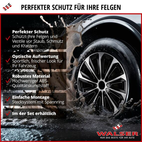 WALSER Premium Radkappen Shadow, 4er Set Radkappen Auszeichnung Sehr Gut*, Radzierblenden 15 Zoll, Radblenden für Alufelgen Stahlfelgen, Auto Radzierblende schwarz - Made in Europe