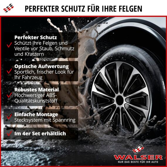 Walser Premium Radkappen Drifter, 4er Set Radkappen Auszeichnung Sehr Gut*, Radzierblenden 16 Zoll, Radblenden für Alufelgen Stahlfelgen, Auto Radzierblende Silber - Made in Europe