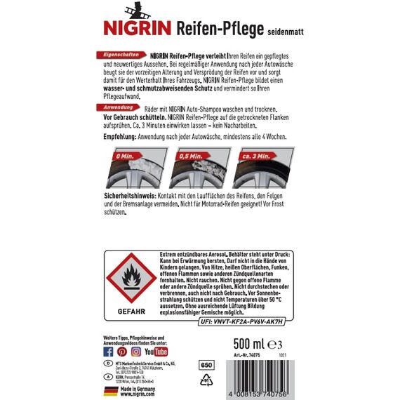 NIGRIN Reifenpflege Schaum-Reiniger, 500 ml, schützt Autoreifen vor UV-Strahlen, Schmutz und Salz, beugt vorzeitiger Alterung und Versprödung der Reifen vor