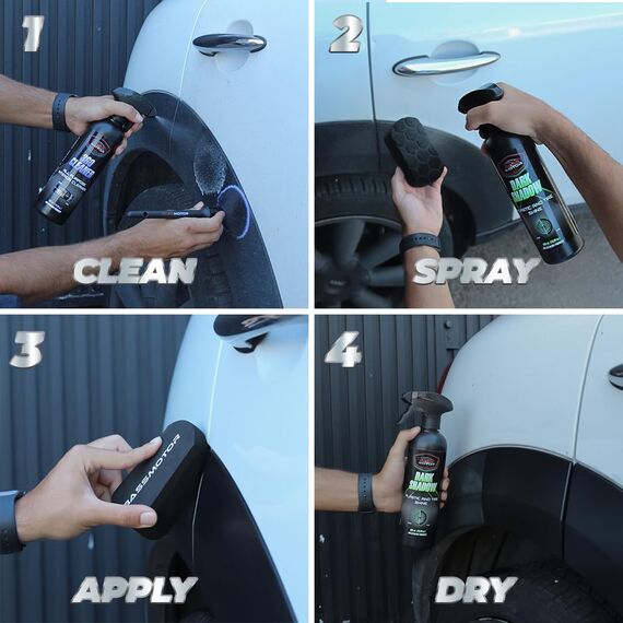 BassMotor Kunststoff- und Reifenpolitur für Auto, Motorrad, altes Gummi. Bringt Glanz zurück, für innen/außen. Dark Shadow 500ml + Premium Schwamm.