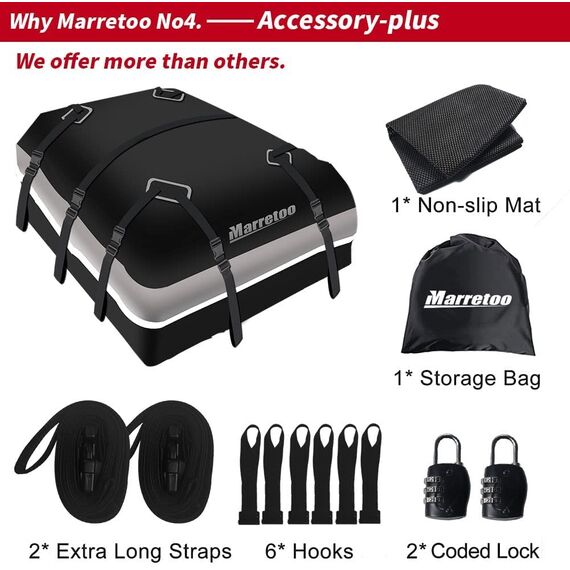 Marretoo 21 Kubikfuß Auto Dachbox Faltbare Wasserdicht Dachtasche Gepäckbox Tasche Aufbewahrungsbox mit a Antirutschmatte, für Fahrzeuge mit/ohne Gepäckträger Gepäcktransport, Vans, SUVs, Black