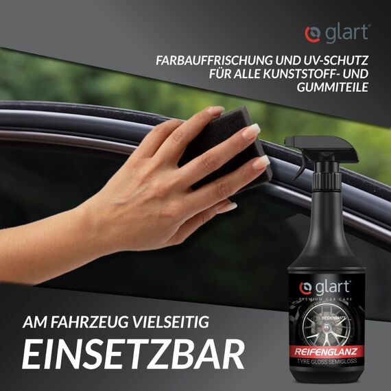 Glart 451RK Reifenglanzspray 1000 ml mit Schwamm – seidenmattes Finish – Reifenpflege mit UV-Schutz – schwarz auffrischend – für Auto, Wohnmobil, Motorrad – für Gummi und Kunststoff
