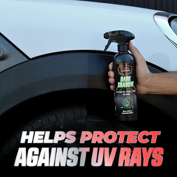 BassMotor Kunststoff- und Reifenpolitur für Auto, Motorrad, altes Gummi. Bringt Glanz zurück, für innen/außen. Dark Shadow 500ml + Premium Schwamm.
