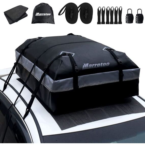 Marretoo 21 Kubikfuß Auto Dachbox Faltbare Wasserdicht Dachtasche Gepäckbox Tasche Aufbewahrungsbox mit a Antirutschmatte, für Fahrzeuge mit/ohne Gepäckträger Gepäcktransport, Vans, SUVs, Black