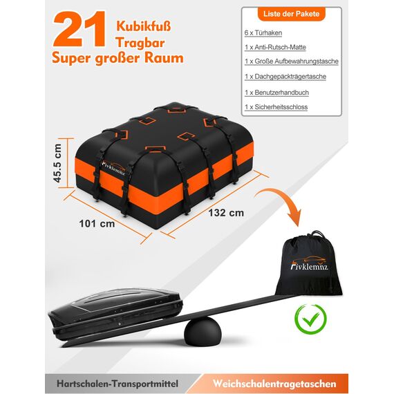 FIVKLEMNZ Dachbox Auto, Dachgepäckträger Tasche, Wasserdicht für alle Fahrzeugdächer mit/ohne Gepäckträger Inklusive Topper Anti-Rutsch-Matte + Verstärkte Gurte +6 Türhaken +Gepäckschloss(21 Kubikfuß)