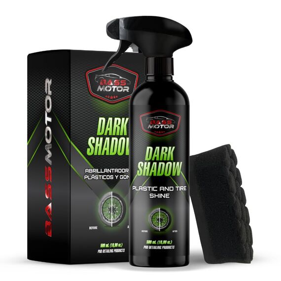 BassMotor Kunststoff- und Reifenpolitur für Auto, Motorrad, altes Gummi. Bringt Glanz zurück, für innen/außen. Dark Shadow 500ml + Premium Schwamm.