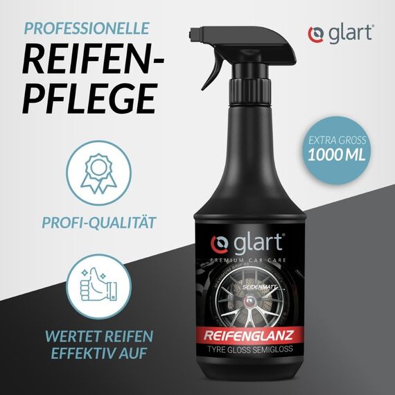 Glart 451RK Reifenglanzspray 1000 ml mit Schwamm – seidenmattes Finish – Reifenpflege mit UV-Schutz – schwarz auffrischend – für Auto, Wohnmobil, Motorrad – für Gummi und Kunststoff