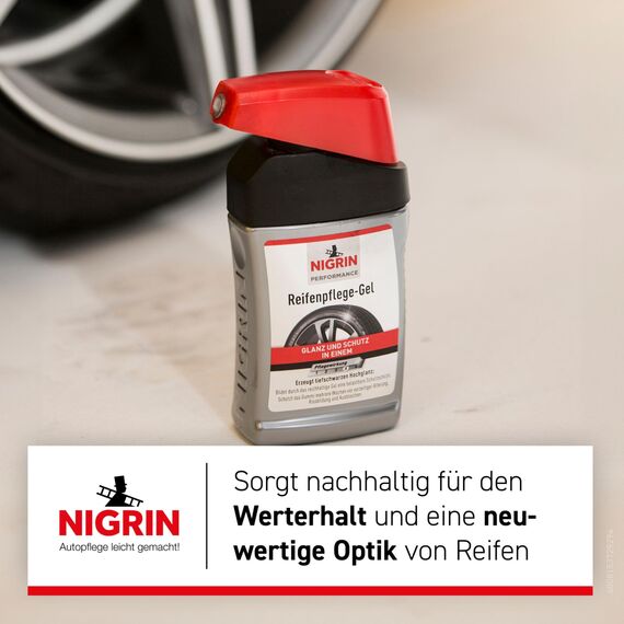 NIGRIN Performance Reifen-Gel, 300 ml, schützt Autoreifen vor UV-Strahlen, Schmutz und Salz, mit Spezialschwamm zum Auftragen für Reifen-Pflege und Reifen-Glanz